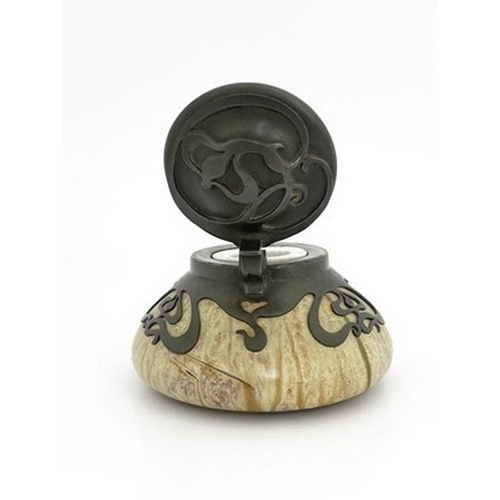 124 - Alexandre Bigot, an Art Nouveau pewter mounted art pottery inkwell, squat ovoid form, brown crystall... 