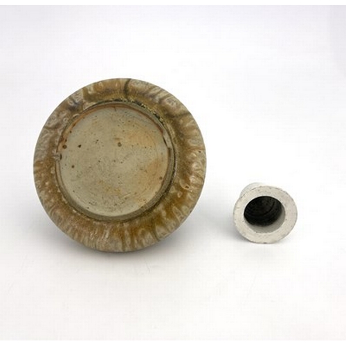 124 - Alexandre Bigot, an Art Nouveau pewter mounted art pottery inkwell, squat ovoid form, brown crystall... 