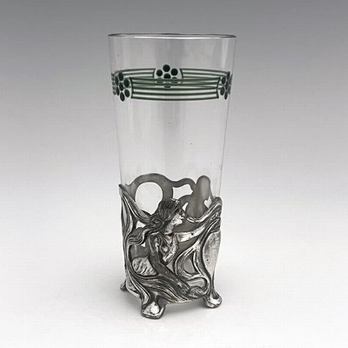 126 - WMF, a Jugendstil silver plate and enamelled glass vase, the cylindrical beaker with band of rosette... 