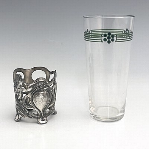 126 - WMF, a Jugendstil silver plate and enamelled glass vase, the cylindrical beaker with band of rosette... 