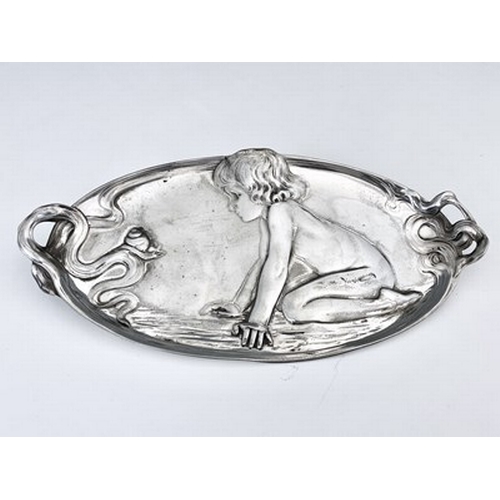 130 - WMF, a Jugendstil silver plated card tray, model 210, twin handled oval form relief moulded with a c... 