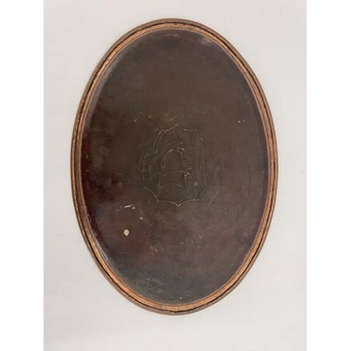 146 - Hugh Wallis, two large Arts and Crafts copper trays, one circular with ropetwist border, the other o... 