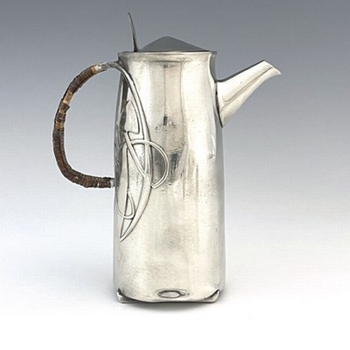 152 - Archibald Knox for Liberty and Co., a Tudric Arts and Crafts pewter coffee pot, model 0231, tapered ... 