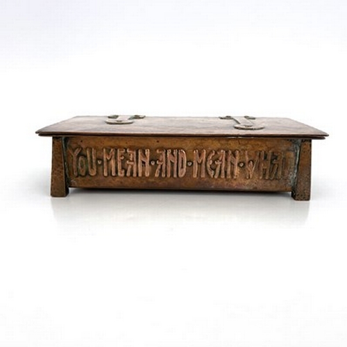 155 - An Arts and Crafts copper lidded ink casket, planished cuboid form with tapered obelisk legs, the si... 