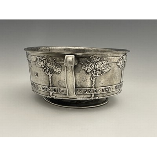 160 - David Veasey for Liberty and Co., an Arts and Crafts Tudric pewter twin handled bowl, model 011, foo... 