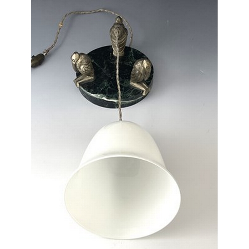 171 - An Art Deco patinated art metal and granite light fitting, circa 1930, modelled with three stylised ... 