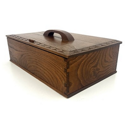 175 - Stanley Webb Davies of Windemere, an Arts and Crafts carved chestnut cutlery box, cuboid form, the h... 