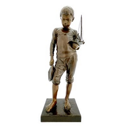 179 - Antonin Larroux (1859-1937), Le Voeu, a bronze figure of a boy with a pond yacht, 1904, signed and t... 