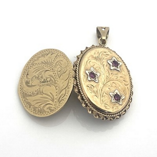 18 - A 9ct gold and ruby locket pendant, oval form, set with pink stone centred flowers, within ropetwist... 