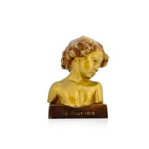 182 - Jean Marie Camus, a gilt and patinated bronze bust of a child, 1913, modelled with head to the side,... 