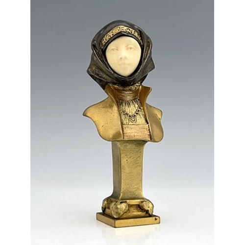 183 - Alexandre Caron, an Art Nouveau gilt bronze and ivory bust, circa 1915, modelled as a Renaissance wo... 