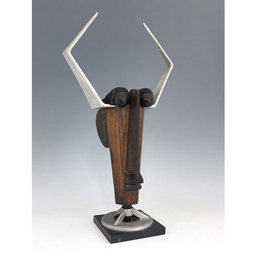 200 - Willi Soukop RA (1907-1995), Horned Creature, wood and aluminium sculpture bust, 1987, unique, 55cm ... 