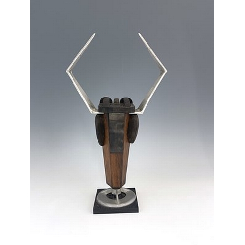 200 - Willi Soukop RA (1907-1995), Horned Creature, wood and aluminium sculpture bust, 1987, unique, 55cm ... 