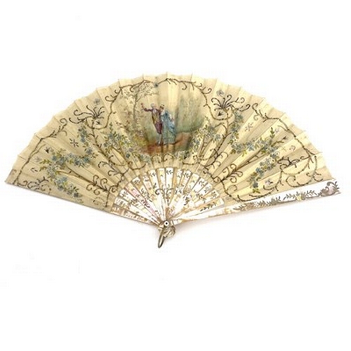 245 - An early 20th century Continental fan with mother of pearl sticks, the guards piqué with silver and ... 