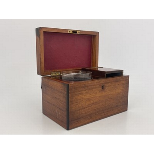 250 - A Victorian rosewood and mahogany tea caddy, circa 1870, cuboid form with ebonised moulded edges, th... 