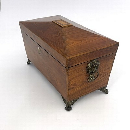 251 - A Regency kingwood and boxwood strung tea caddy, circa 1820, sarcophagus form with two removable hin... 