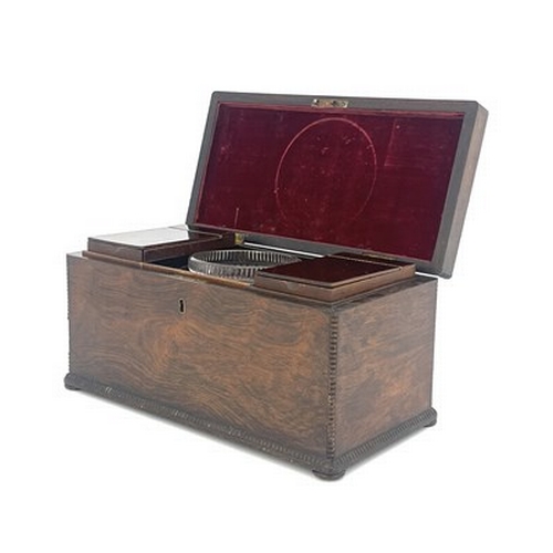 252 - A William IV rosewood tea caddy, circa 1835, cuboid form with bead moulded edges, two removable hing... 