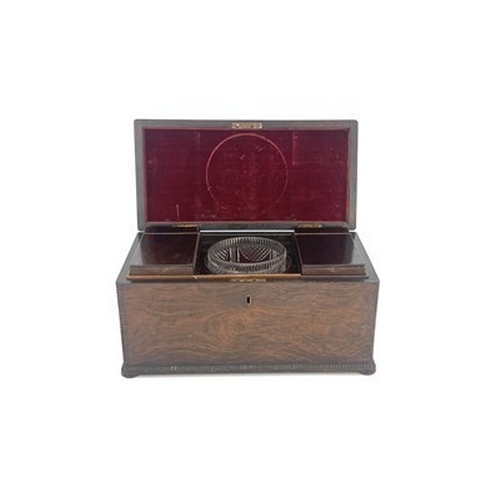 252 - A William IV rosewood tea caddy, circa 1835, cuboid form with bead moulded edges, two removable hing... 