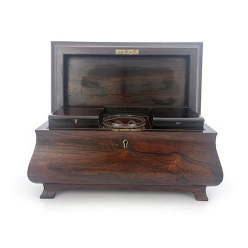 255 - A Victorian rosewood tea caddy, circa 1850, bombe sarcophagus form, the interior with two removable ... 