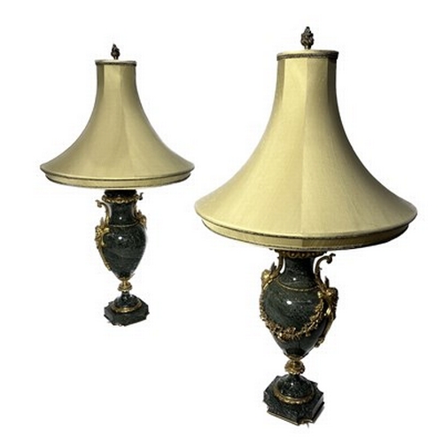 290 - A pair of green-veined marble table lamp bases, of Neo-classical urn design, gilt ormolu mounts comp... 