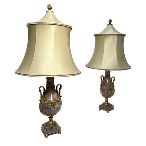 291 - A pair of pink veined marble table lamp bases, of Neo-classical design, ormolu mounts comprising aca... 