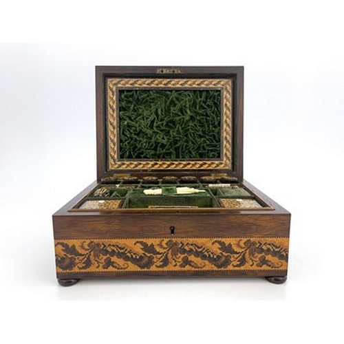 294 - A Victorian Tunbridge Ware sewing box, cushion topped cuboid form, inlaid with a parquetry panel of ... 