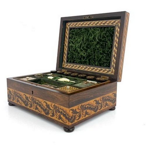 294 - A Victorian Tunbridge Ware sewing box, cushion topped cuboid form, inlaid with a parquetry panel of ... 