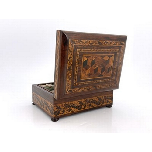 294 - A Victorian Tunbridge Ware sewing box, cushion topped cuboid form, inlaid with a parquetry panel of ... 