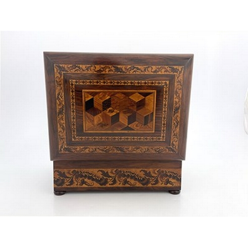 294 - A Victorian Tunbridge Ware sewing box, cushion topped cuboid form, inlaid with a parquetry panel of ... 