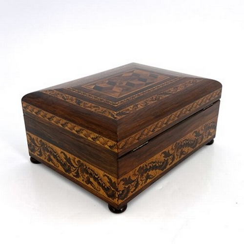 294 - A Victorian Tunbridge Ware sewing box, cushion topped cuboid form, inlaid with a parquetry panel of ... 