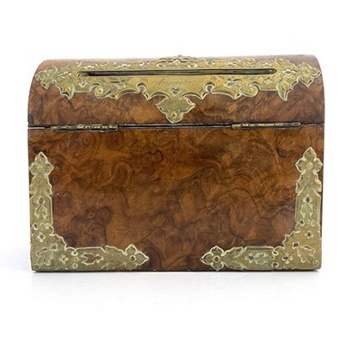 296 - A mid-Victorian burr walnut correspondence casket, circa 1860, domed cover with fretwork Gothic bras... 