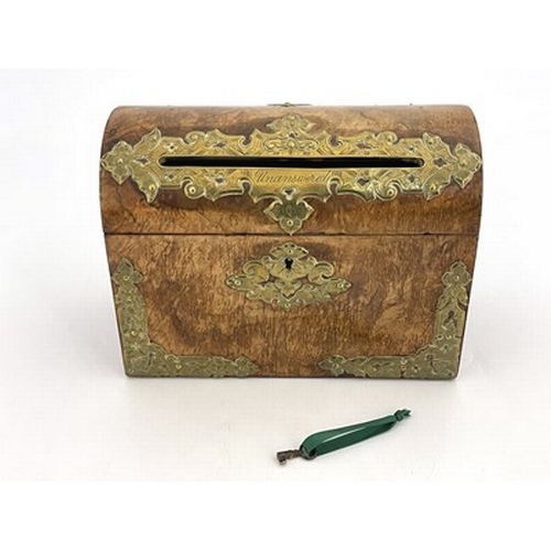 296 - A mid-Victorian burr walnut correspondence casket, circa 1860, domed cover with fretwork Gothic bras... 