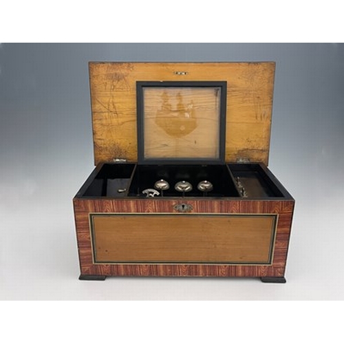 302 - A 19th century Swiss 10 air musical box, with three bells, simulated rosewood case with painted cart... 