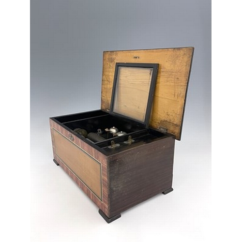 302 - A 19th century Swiss 10 air musical box, with three bells, simulated rosewood case with painted cart... 