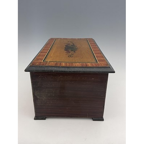 302 - A 19th century Swiss 10 air musical box, with three bells, simulated rosewood case with painted cart... 