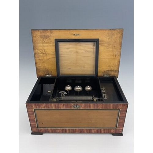 302 - A 19th century Swiss 10 air musical box, with three bells, simulated rosewood case with painted cart... 