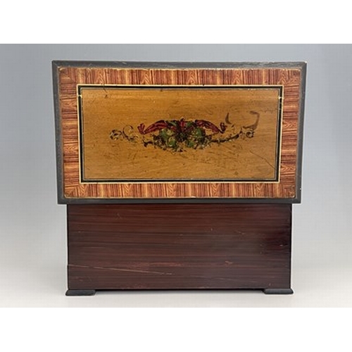 302 - A 19th century Swiss 10 air musical box, with three bells, simulated rosewood case with painted cart... 