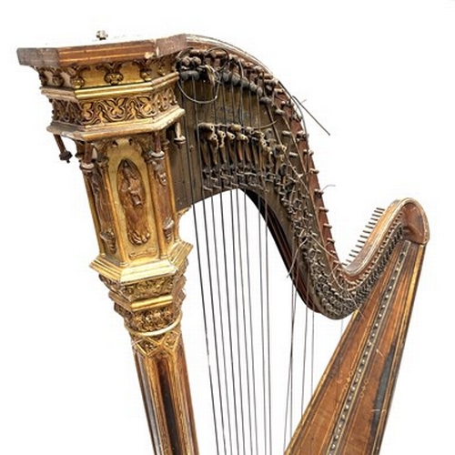 306 - A pedal harp by Sebastian & Pierre Erard, 19th Century, gilt wood and birds eye maple in the Gothic ... 