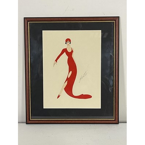 388 - Style of Erte, a fashionable lady, full-length in a red dress, bears signature c.r., gouache and pen... 