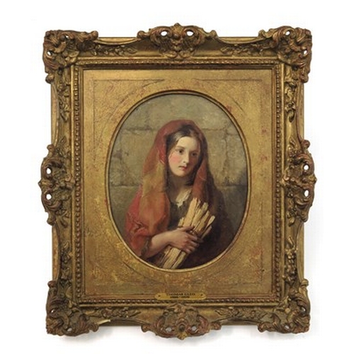 422 - Thomas Faed R.S.A. (Scottish, 1826-1900), A Highland Lass with Sticks, oval, oil on board, 19 by 15c... 