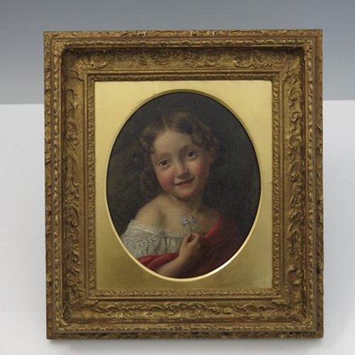 425 - Edward Thompson Davis (British, 1833-1867), portrait of a smiling girl holding a posey, signed and i... 