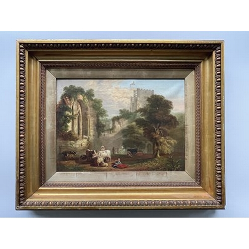 449 - British School, mid-19th Century, a Romantic landscape with figures and cattle amongst ruins, oil on... 