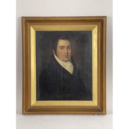 456 - British School, mid-19th Century, portrait of a gentleman, bust-length wearing a white stock and bla... 