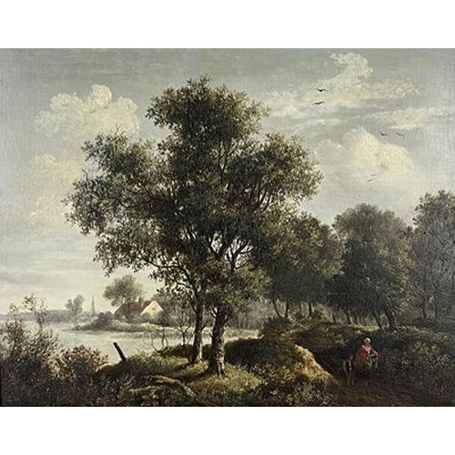 463 - Attributed to Edward Williams (British, 1782-1855), a river landscape with a figure and infant on a ... 