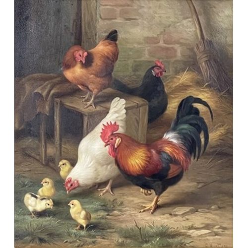 472 - Edgar Hunt (British, 1876-1953), Hens and Chicks in a Stable; A Goat, Hens, Pigeons, and Doves in a ... 