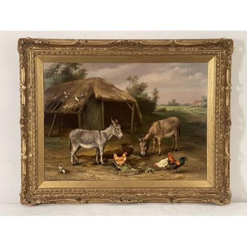 473 - Edgar Hunt (British, 1876-1953), Farmyard Friends - Donkeys and Hens in a Farmyard, signed and dated... 