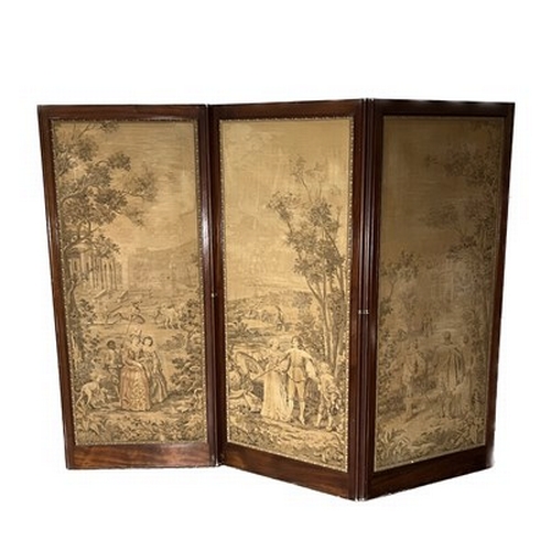 499 - A mahogany framed triple panel room divider screen, early 20th Century, each panel inset with an Aub... 