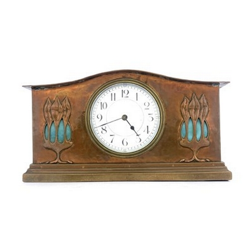 551 - Glasgow School, an Arts and Crafts copper and Ruskin cabochon clock, cuboid plinth form with serpent... 