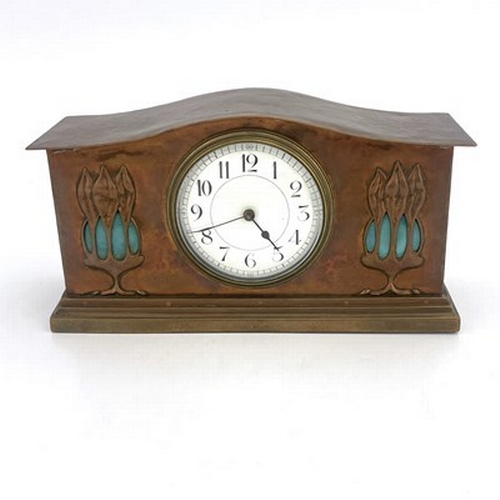 551 - Glasgow School, an Arts and Crafts copper and Ruskin cabochon clock, cuboid plinth form with serpent... 