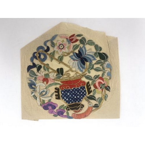 561 - A series of Chinese silk embroidered clothing embellishments, Qing Dynasty, including a shoe cover, ... 